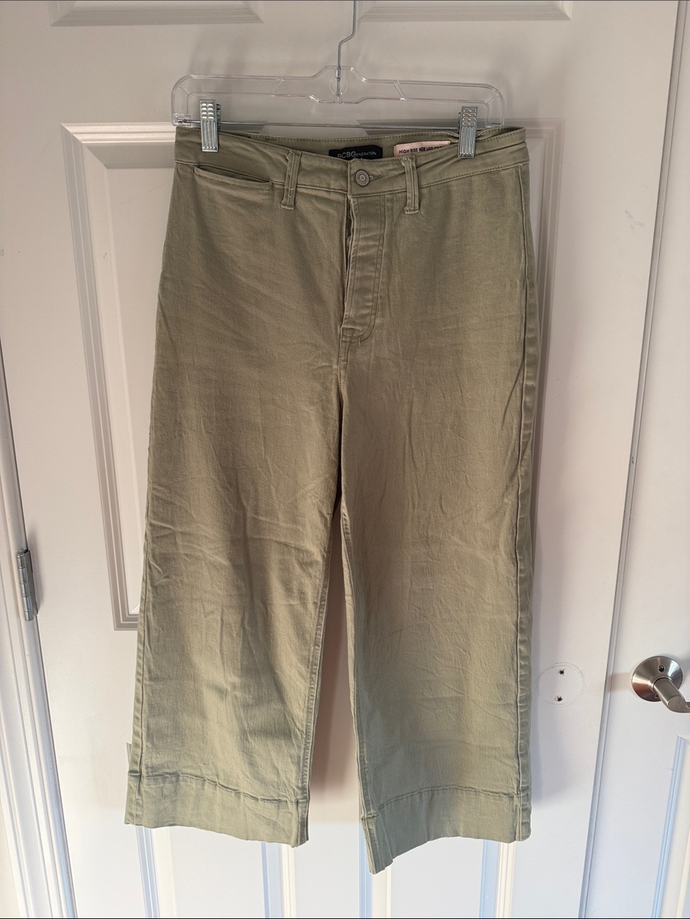 BCBG Generation High Rise Wide-Leg Crop Pants in Olive Green Button Fly 9/29